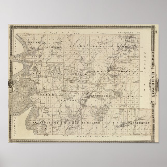 Póster Mapa del condado de Harrison, estado de Iowa (Frente)