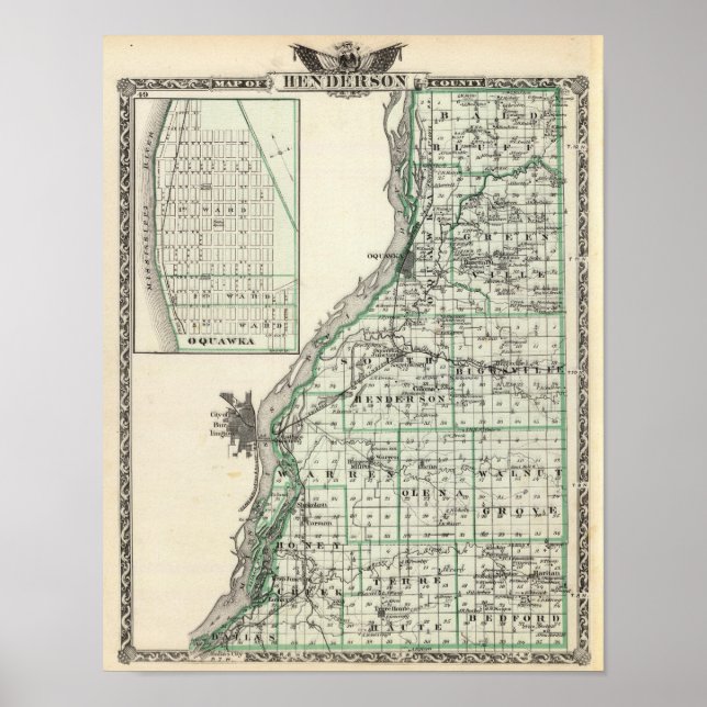 Póster Mapa del condado de Henderson y Oquawka (Frente)
