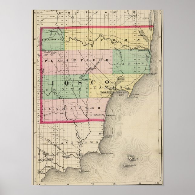 Póster Mapa del condado de Iosco, Michigan (Frente)