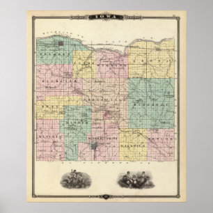 Póster Mapa del condado de Iowa, estado de Wisconsin