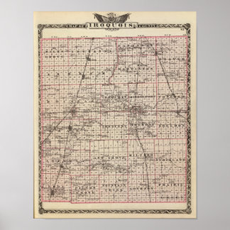 Póster Mapa del condado de Iroquois