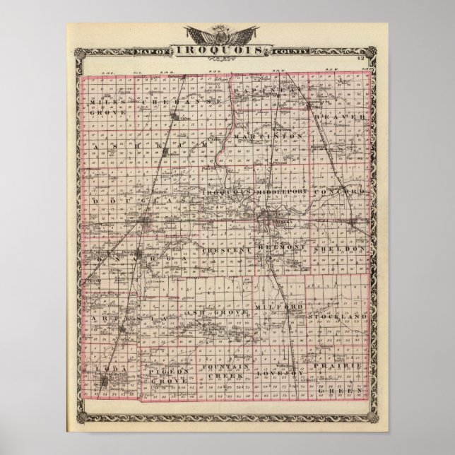 Póster Mapa del condado de Iroquois (Frente)
