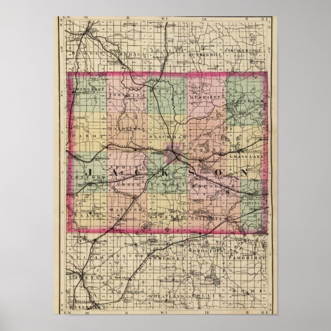 Póster Mapa del condado de Jackson, Michigan (Frente)