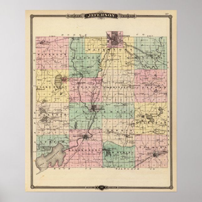 Póster Mapa del condado de Jefferson, estado de Wisconsin (Frente)