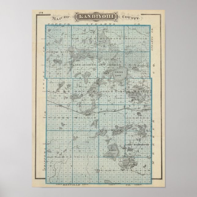Póster Mapa del condado de Kandiyohi, Minnesota (Frente)