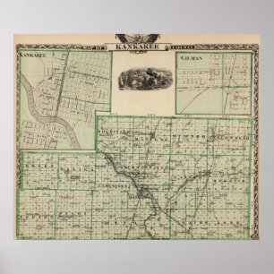 Póster Mapa del condado de Kankakee, de Kankakee y de