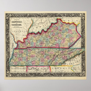 Póster Mapa del condado de Kentucky, y de Tennessee