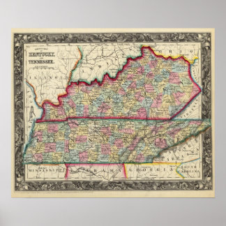 Póster Mapa Del Condado De Kentucky Y Tennessee