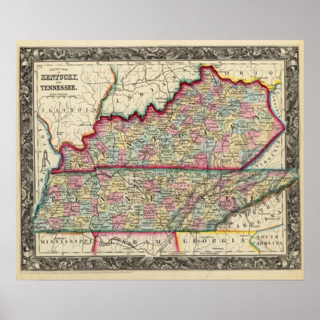Póster Mapa Del Condado De Kentucky Y Tennessee (Frente)
