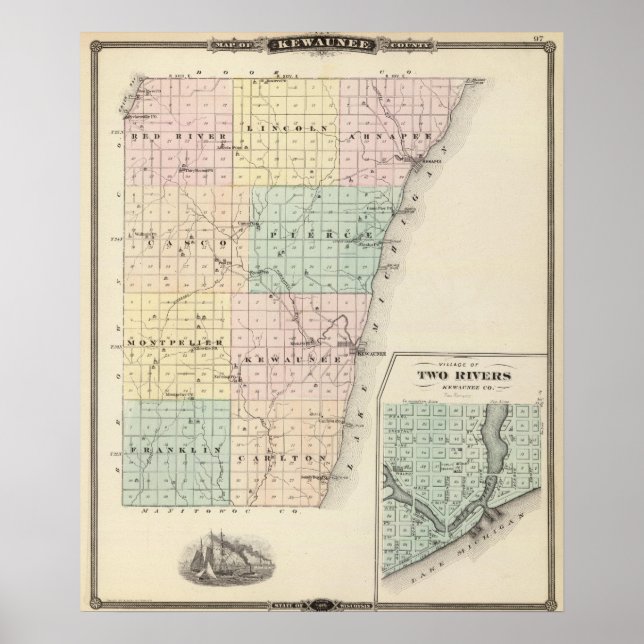 Póster Mapa del condado de Kewaunee (Frente)