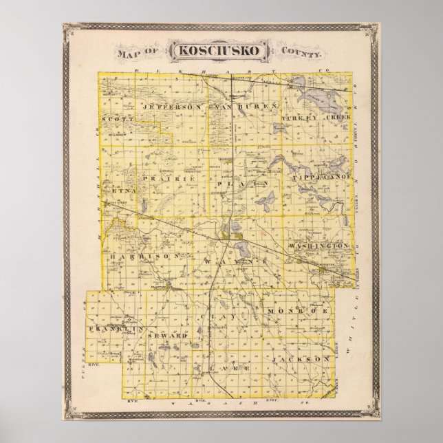Póster Mapa del condado de Kosciusko (Frente)