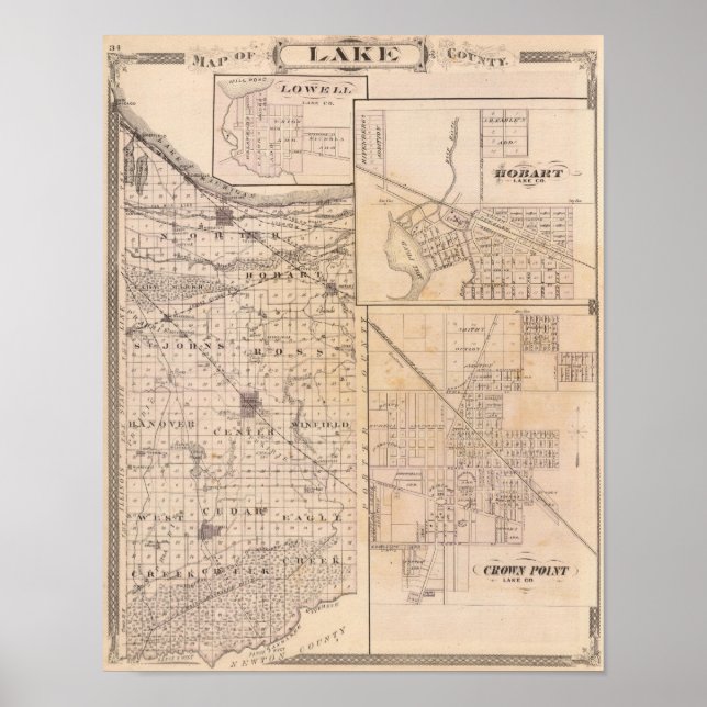 Póster Mapa del condado de Lake con Lowell (Frente)