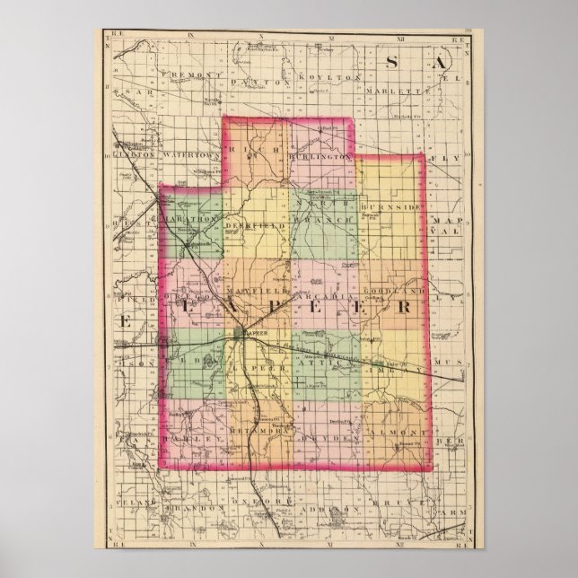 Póster Mapa del condado de Lapeer, Michigan (Frente)