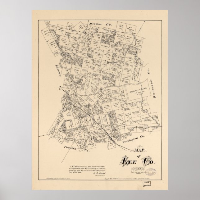 Póster Mapa del condado de Lee, Texas (1879) (Frente)