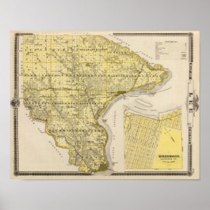 Póster Mapa del condado de Lee y Montrose, estado de Iowa