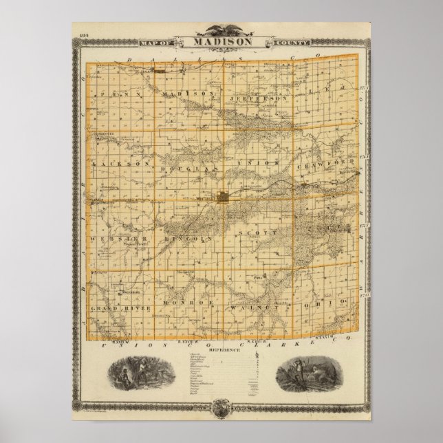 Póster Mapa del condado de Madison, estado de Iowa (Frente)