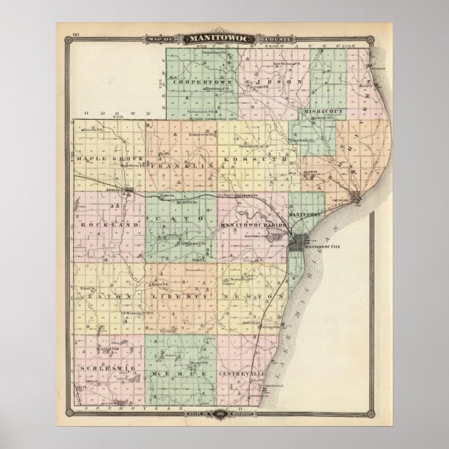 Póster Mapa del condado de Manitowoc, estado de Wisconsin (Frente)