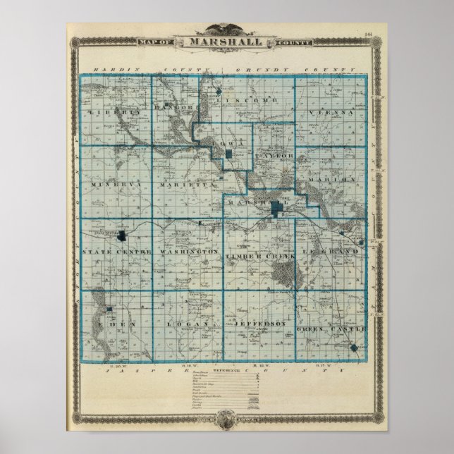 Póster Mapa del condado de Marshall, estado de Iowa (Frente)