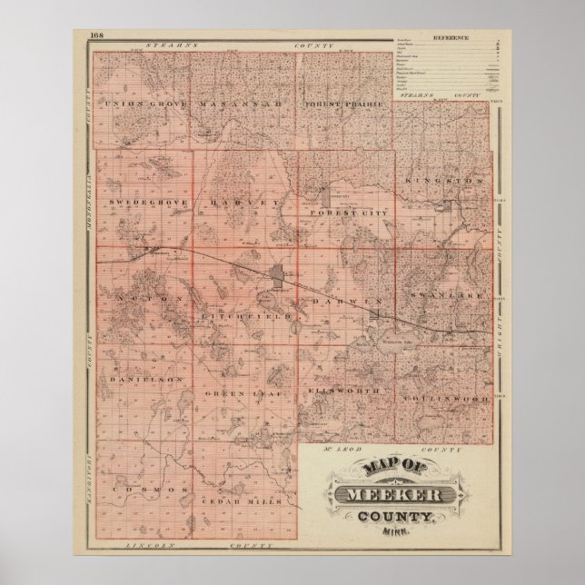 Póster Mapa del condado de Meeker, Minnesota (Frente)