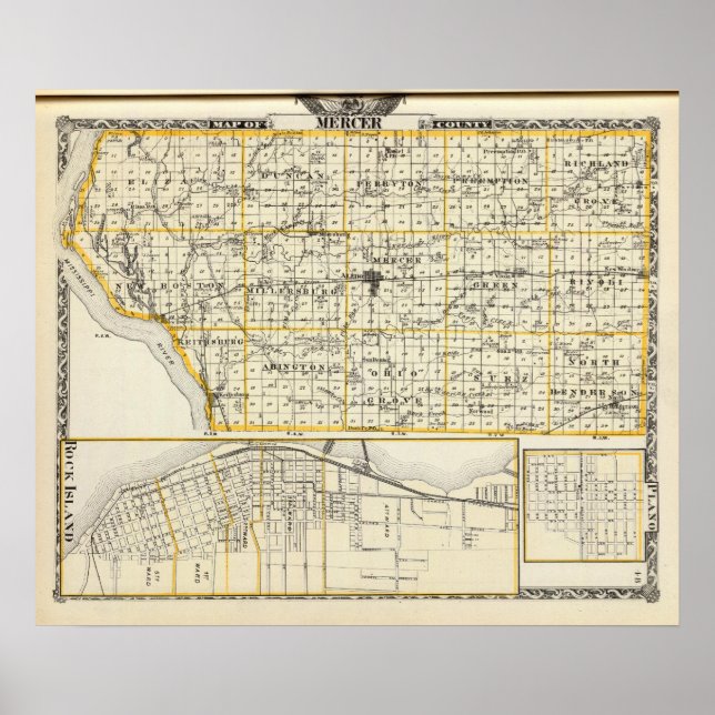 Póster Mapa del condado de Mercer, Isla de Rock y Plano (Frente)