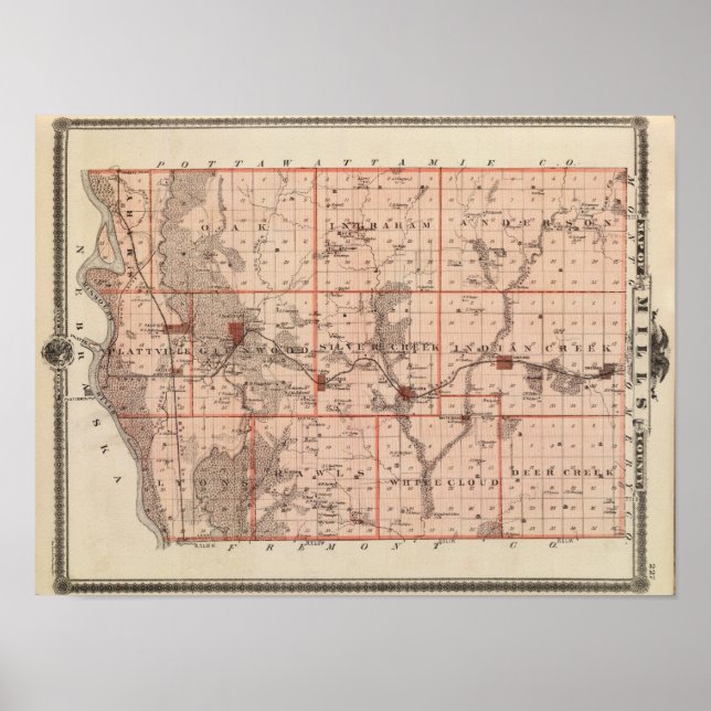 Póster Mapa del condado de Mills, estado de Iowa (Frente)