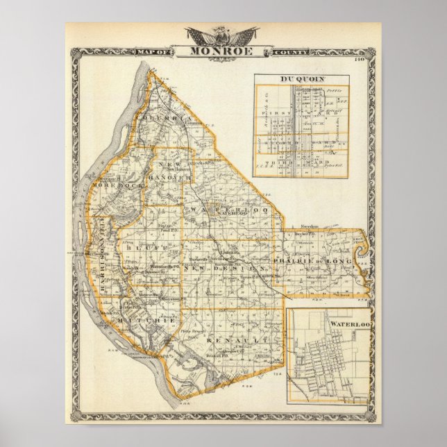 Póster Mapa del condado de Monroe, DuQuoin y Waterloo (Frente)