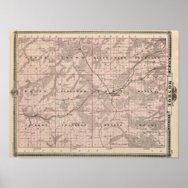 Póster Mapa del condado de Monroe, estado de Iowa (Frente)