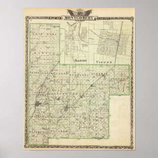 Póster Mapa del condado de Montgomery, Hillsboro y Virden