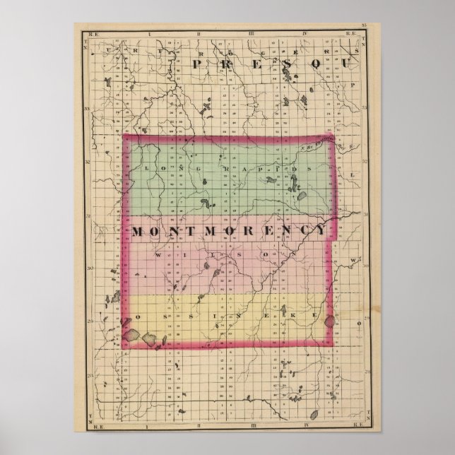 Póster Mapa del condado de Montmorency, Michigan (Frente)