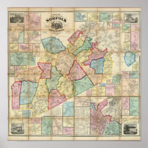 Póster Mapa del condado de Norfolk, Massachusetts