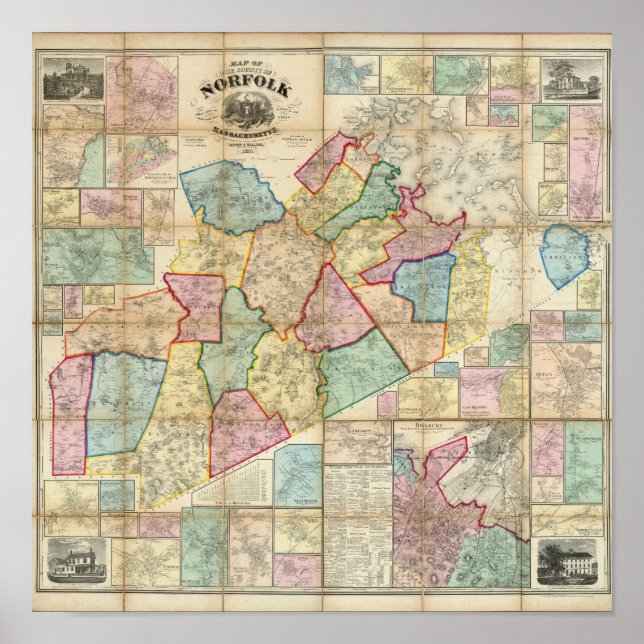 Póster Mapa del condado de Norfolk, Massachusetts (Frente)
