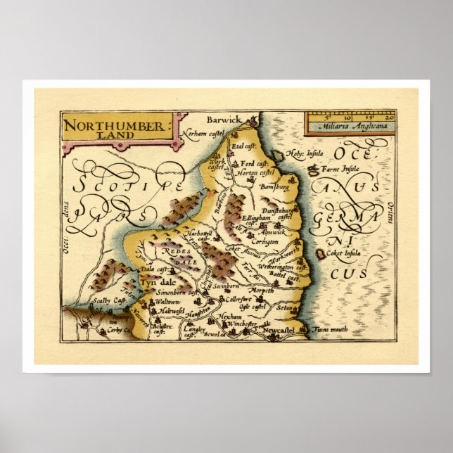 Póster Mapa del condado de Northumberland, Inglaterra (Frente)