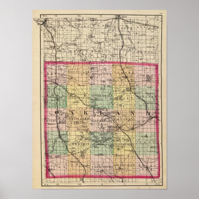 Póster Mapa del condado de Oakland, Michigan (Frente)