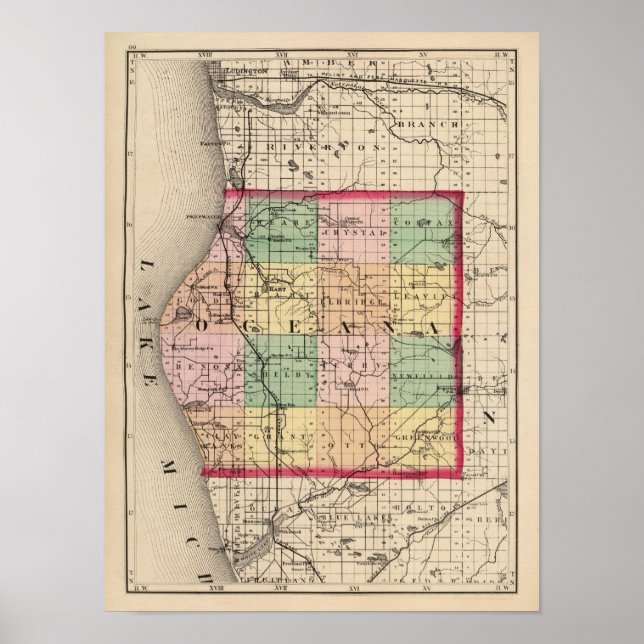 Póster Mapa del condado de Oceana, Michigan (Frente)