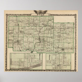 Póster Mapa del condado de Ogle, Polo y Oregon