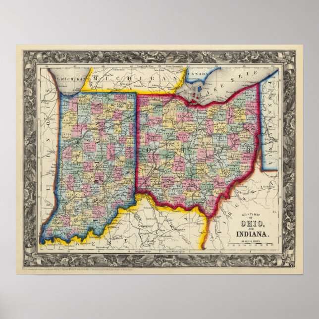 Póster Mapa Del Condado De Ohio E Indiana (Frente)