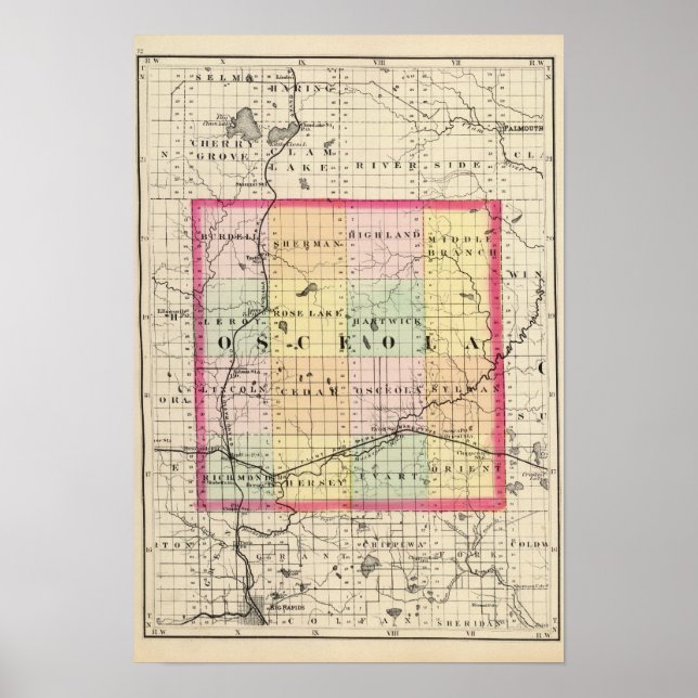 Póster Mapa del condado de Osceola, Michigan (Frente)
