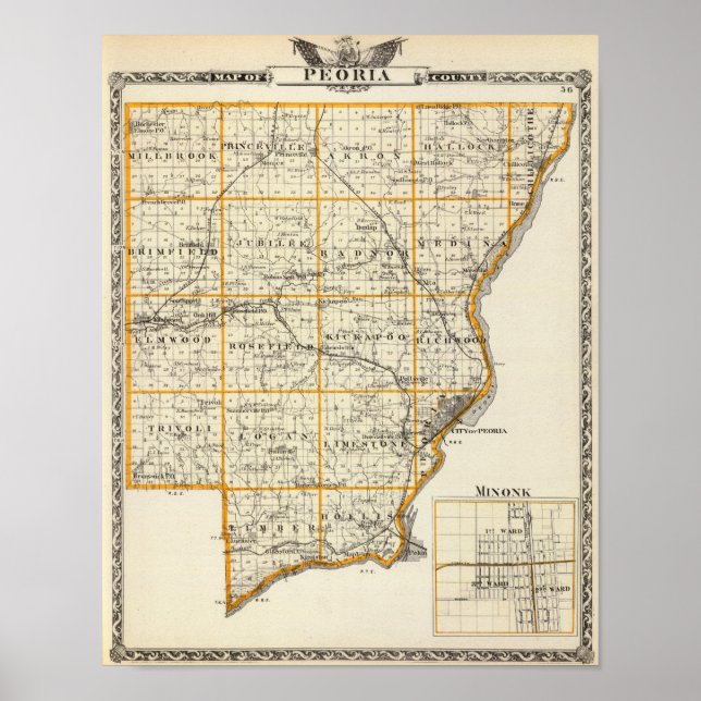 Póster Mapa del condado de Peoria y Minonk (Frente)