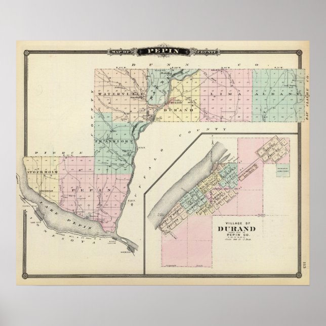 Póster Mapa del condado de Pepin y la aldea de Durand (Frente)