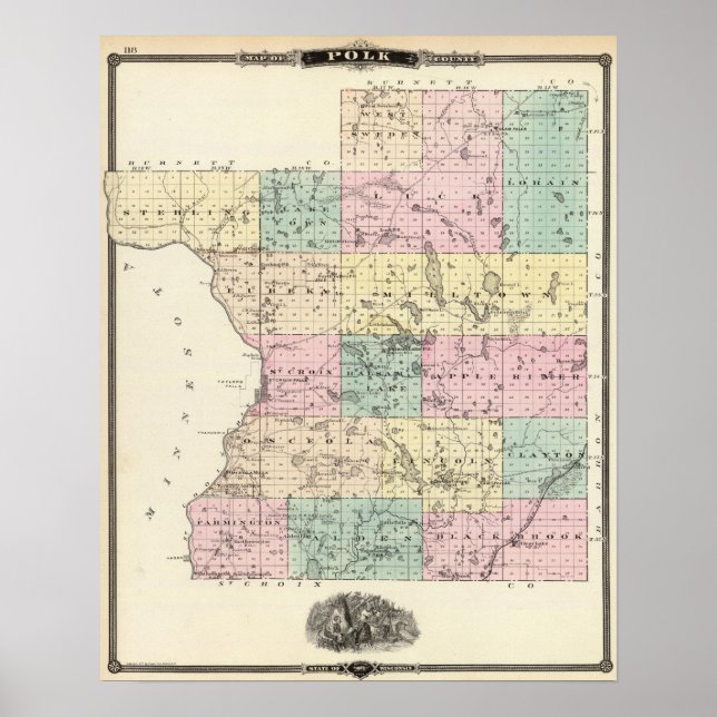 Póster Mapa del condado de Polk, estado de Wisconsin (Frente)