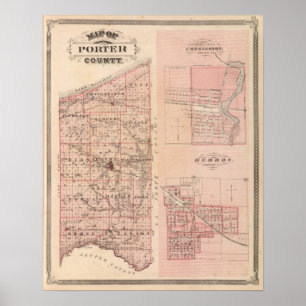Póster Mapa del condado de Porter con Chesterton, Hebrón