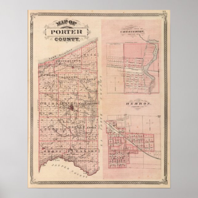Póster Mapa del condado de Porter con Chesterton, Hebrón (Frente)