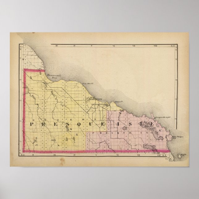 Póster Mapa del condado de Presque Isle, Michigan (Frente)