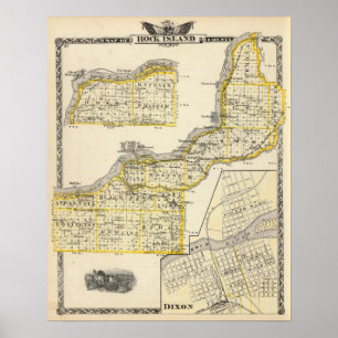 Póster Mapa del condado de Rock Island y de Dixon