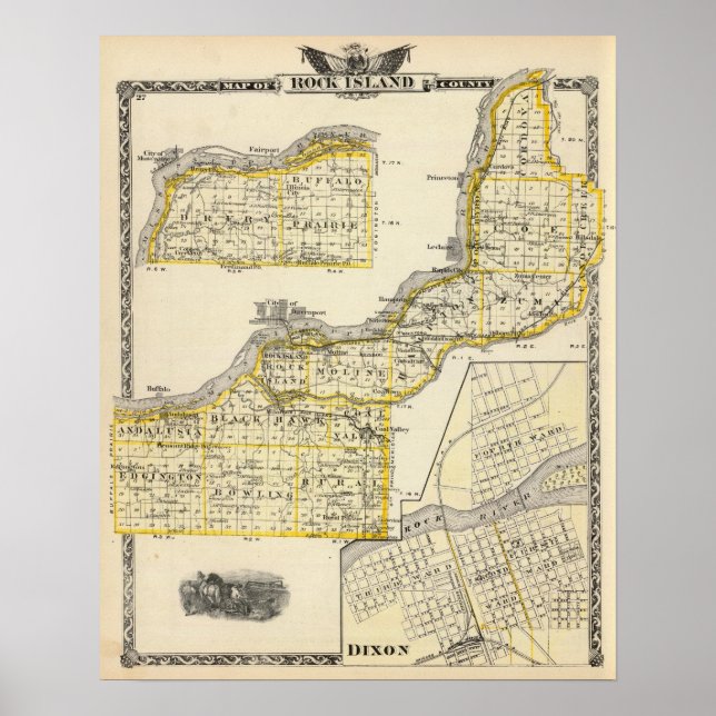 Póster Mapa del condado de Rock Island y Dixon (Frente)