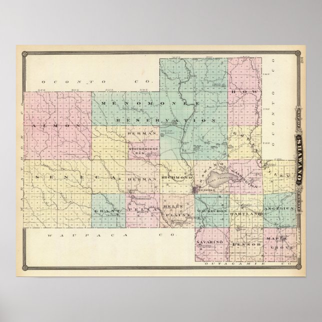 Póster Mapa del condado de Shawano, estado de Wisconsin (Frente)