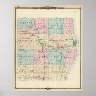 Póster Mapa del condado de Sheboygan, estado de Wisconsin