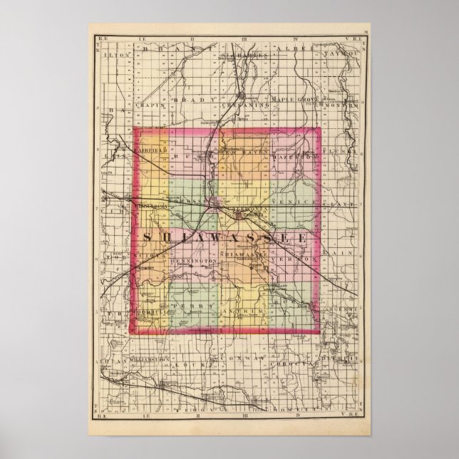 Póster Mapa del condado de Shiawassee, Michigan (Frente)