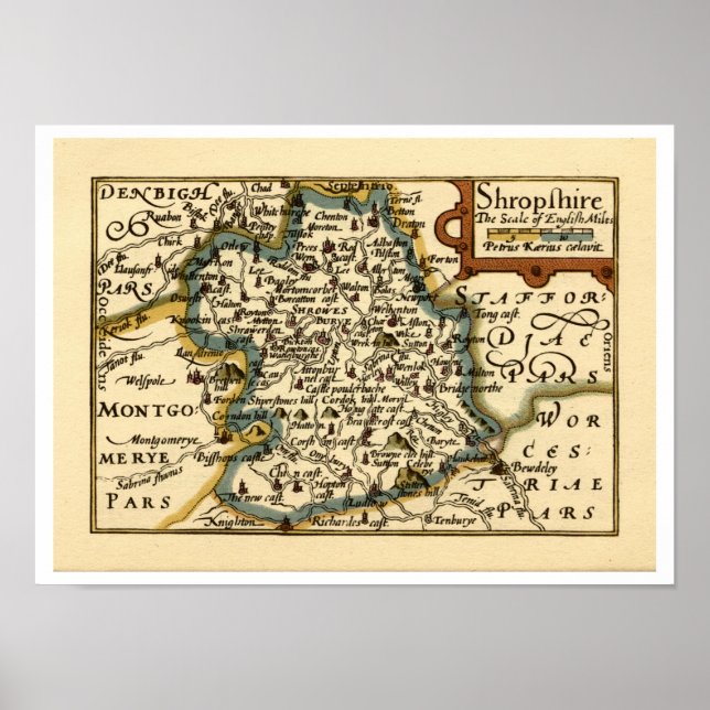 Póster Mapa del condado de Shropshire, Inglaterra (Frente)