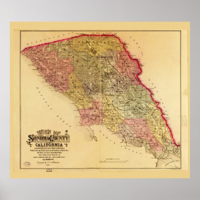 Póster Mapa del condado de Sonoma, California (1884) (Frente)